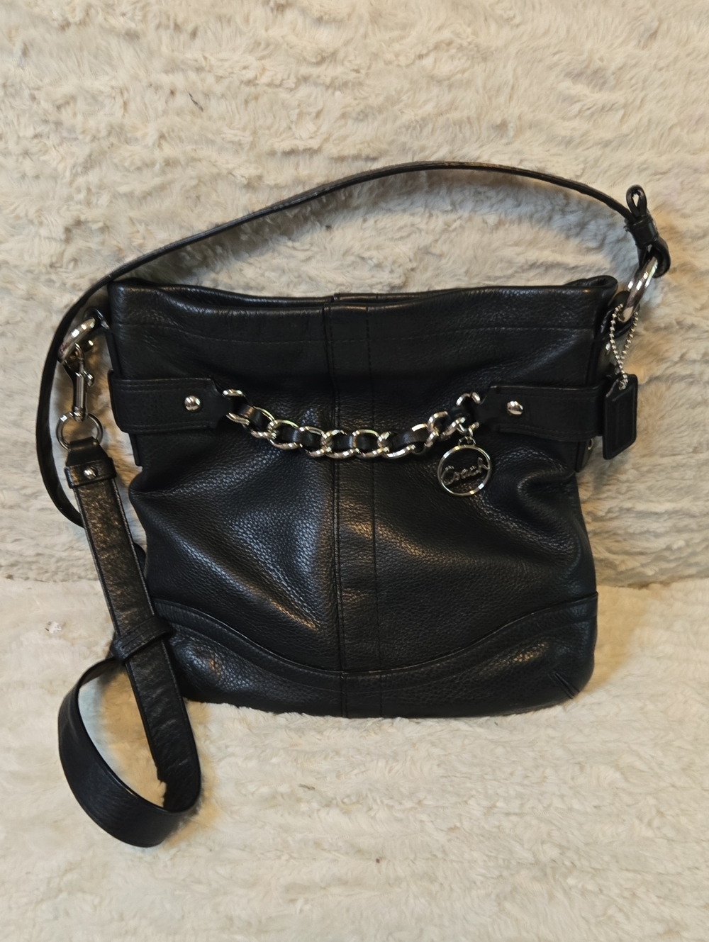 Coach Black Leather Shoulder Bag with Silver Chain Accent EUC